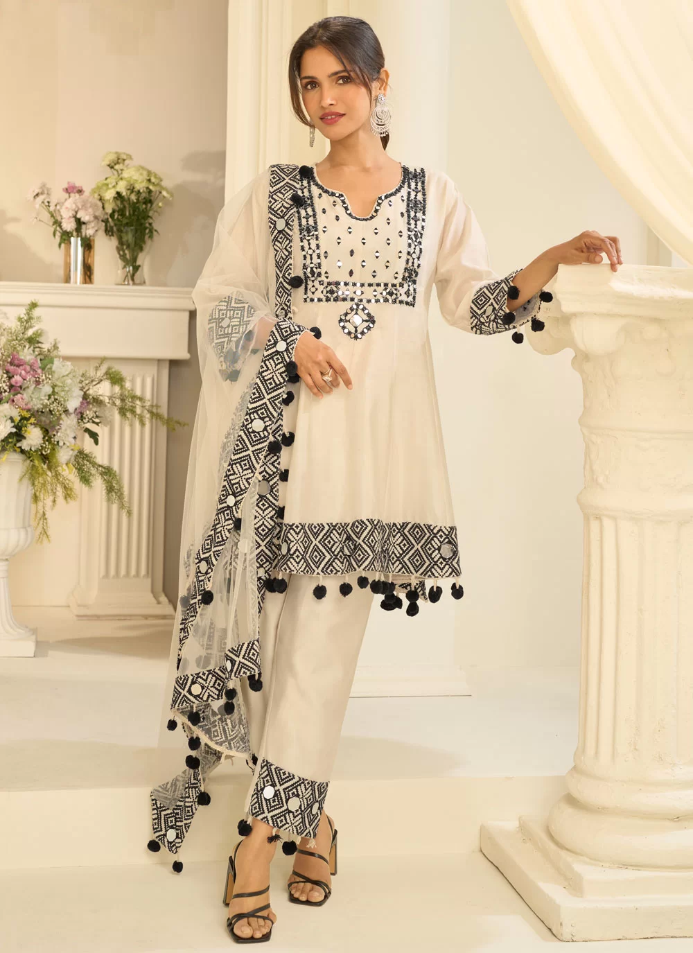 Off White Crepe Silk Print Work Palazzo Salwar Suit